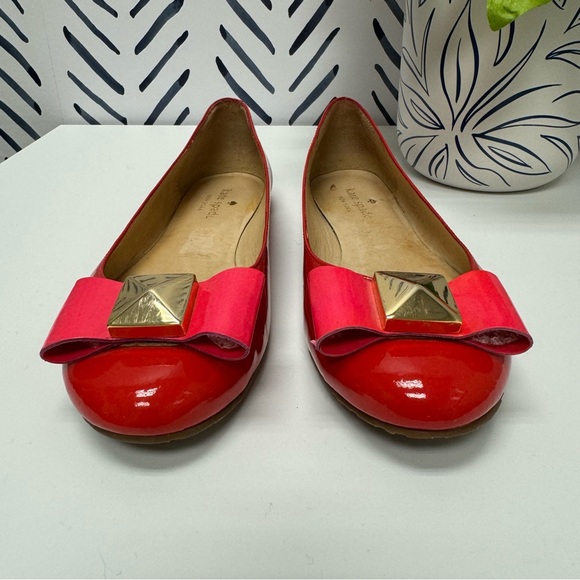 6 - Vintage Kade Spade Red Flats with a Pink Bow & Gold Stud - Picture 3 of 8